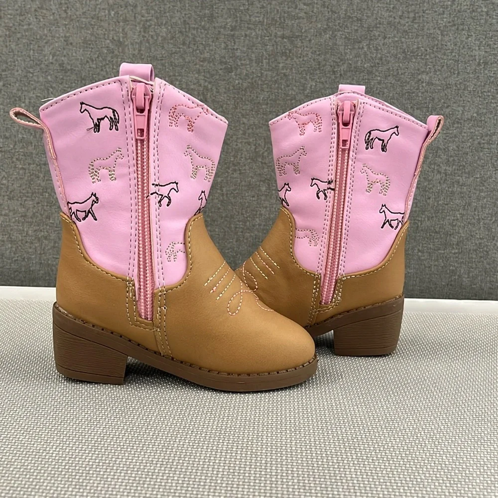 Kids Pink & Tan Western Cowboy Boots - Cute Horse Print
